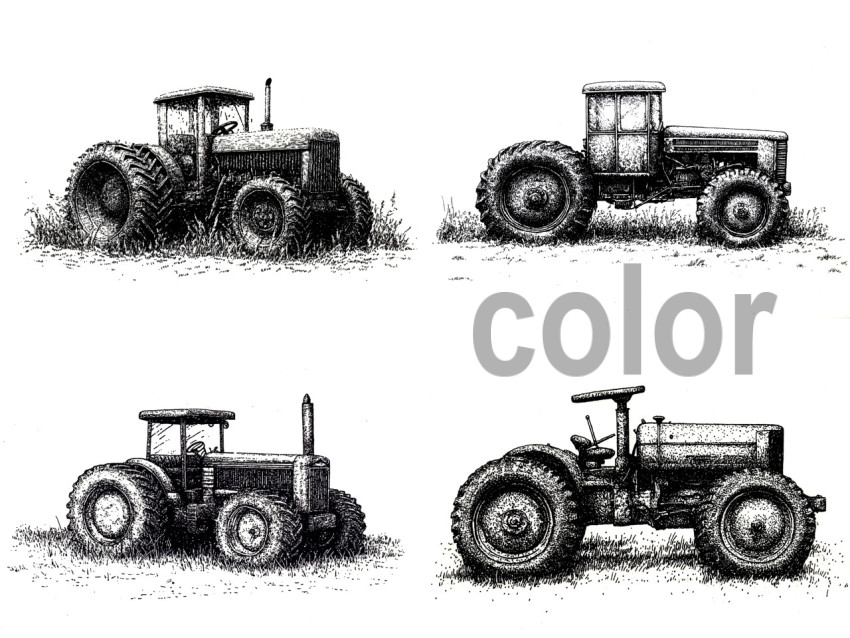Old school vintage farm tractor, Engraved vector transparent background illustration
