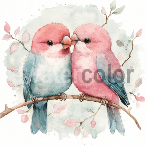 Watercolor Two Parrots on a Branch