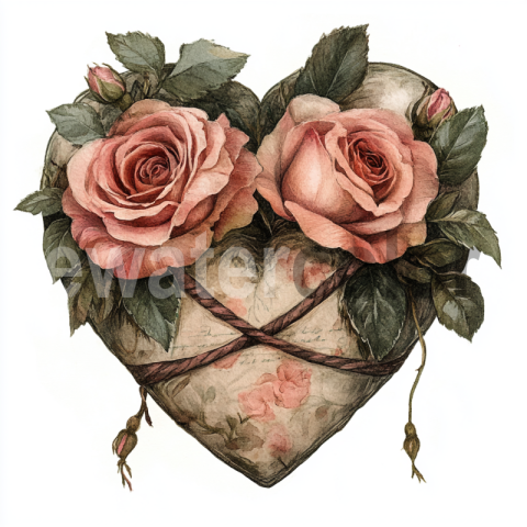 Watercolor Antique Victorian Heart with Roses