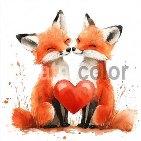 Watercolor Two Foxes with Heart