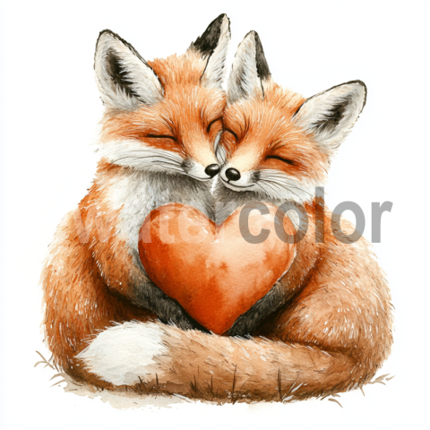 Watercolor Couple of Foxes with Heart
