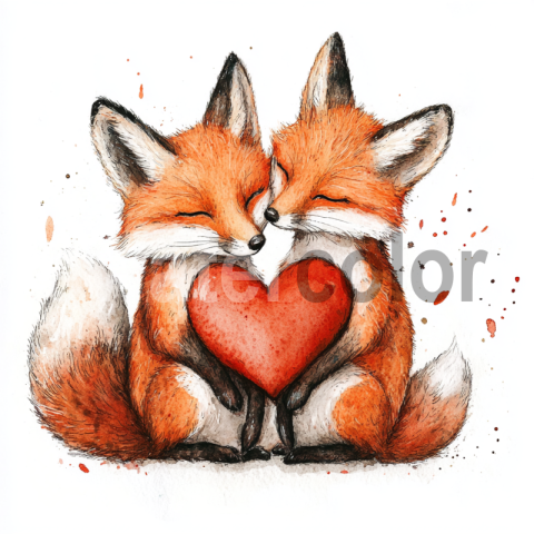 Watercolor Sharing a Heart: Foxes