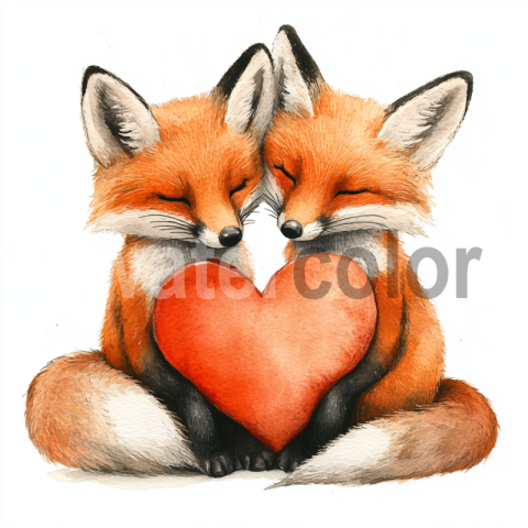 Watercolor Two Foxes Holding Heart