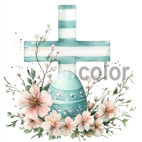 Watercolor Easter Egg, Cross, and Flowers