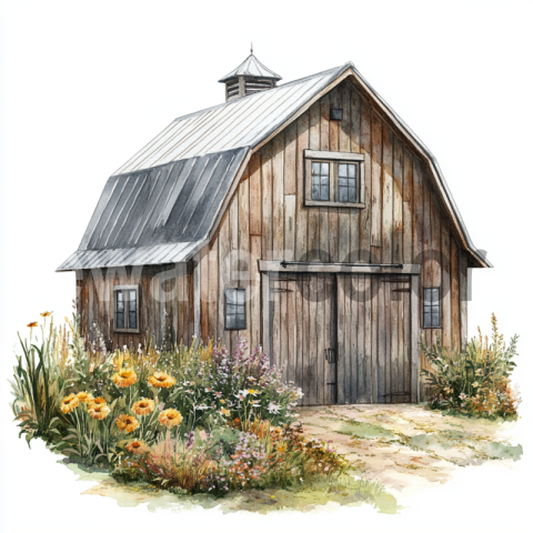Watercolor Old Farm Barn