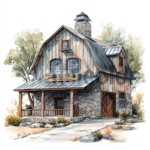 Watercolor Vintage Wooden Barn