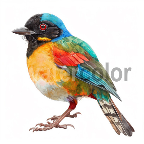 Watercolor Hooded Pitta bird illustration