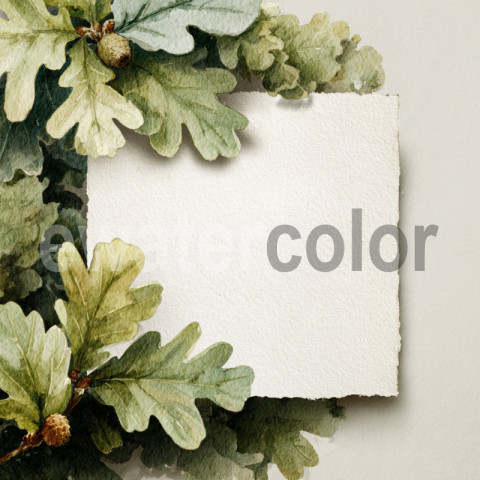 Muted Watercolor Painting of Green Oak Leaves with Acorns, Artistically Framing an Empty Piece of Textured Paper, Ready for Writing